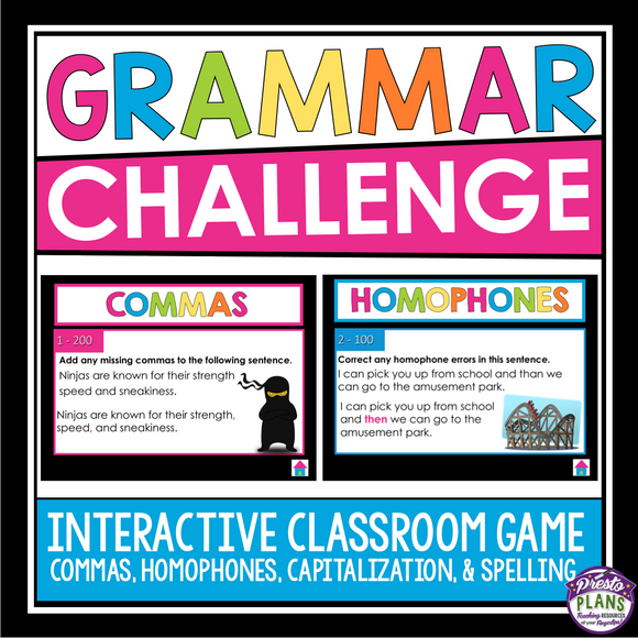 GRAMMAR GAME: HOMOPHONES, SPELLING, COMMAS, AND CAPITALIZATION