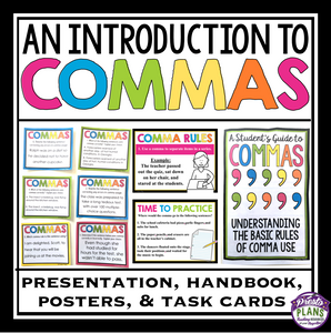 COMMAS: PRESENTATION, TASK CARD ACTIVITY, STUDENT HANDOUT, & POSTERS