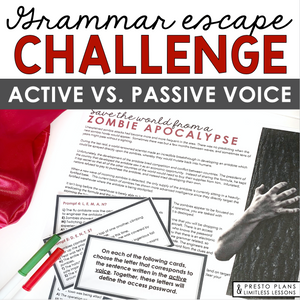 Active and Passive Voice Grammar Activity Escape Room Challenge, Slides, & Quiz