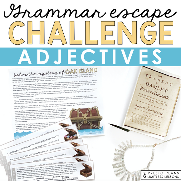 Adjectives Parts of Speech Grammar Activity Escape Challenge, Slides, & Quiz