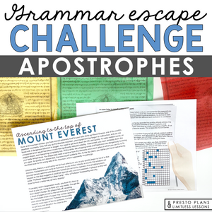 Apostrophes Punctuation Grammar Activity Escape Room Challenge, Slides, & Quiz