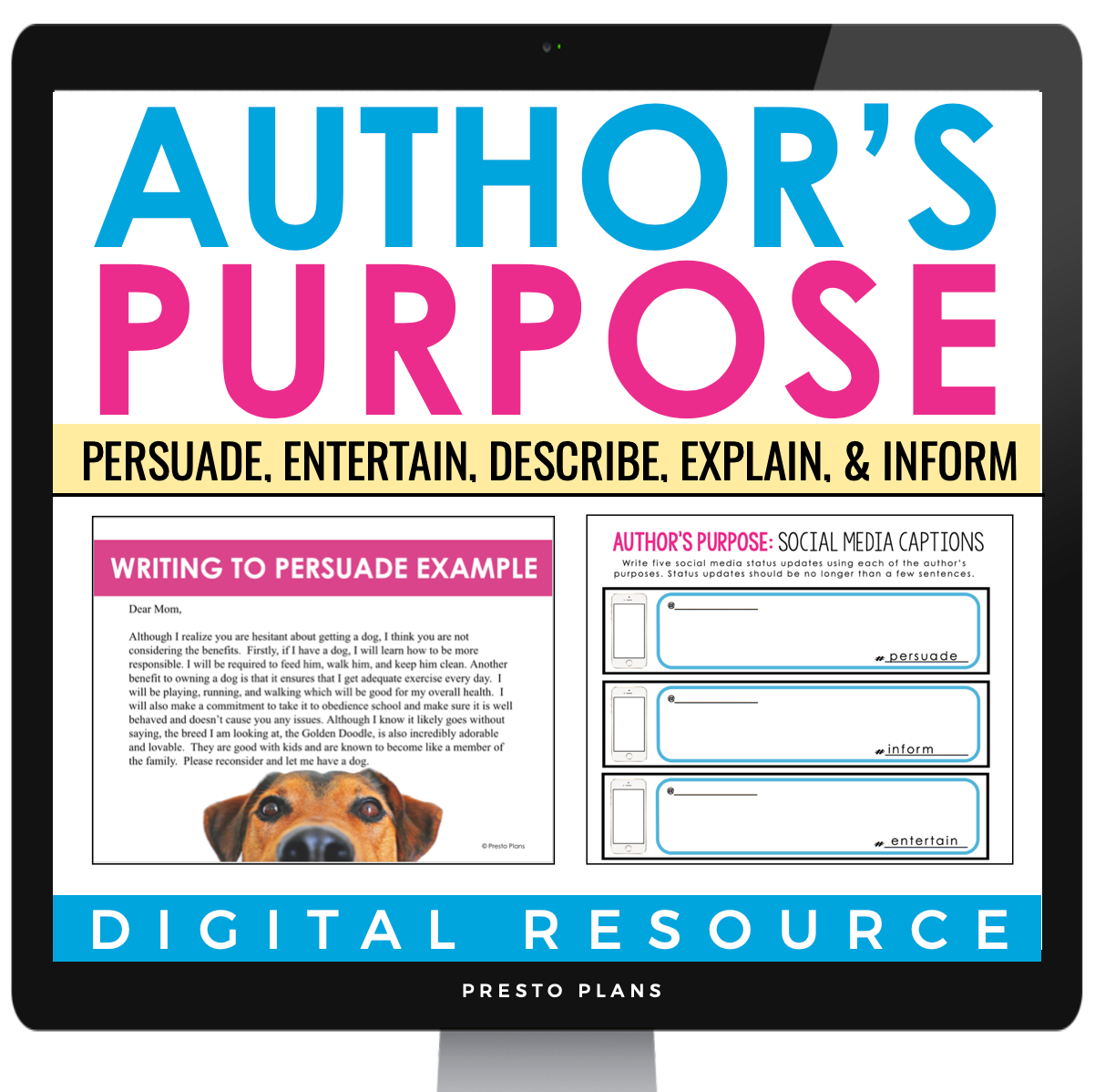 Author's Purpose 32 Task Cards persuade inform entertain review