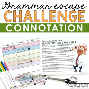 Connotation Vocabulary Word Practice Escape Activity Challenge, Slides, and Quiz