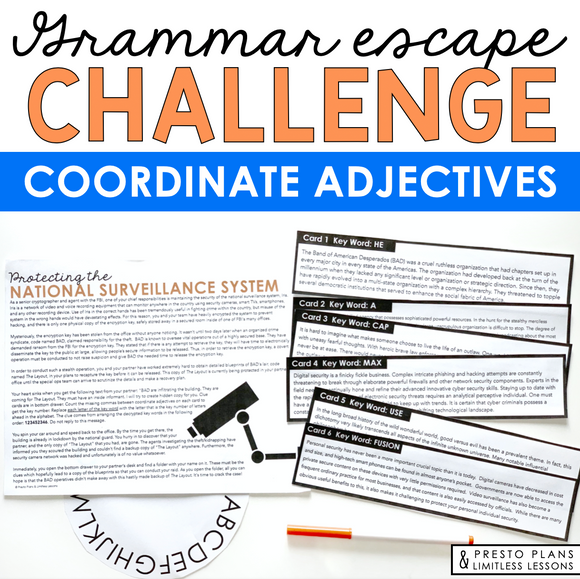 COORDINATE ADJECTIVES GRAMMAR ACTIVITY INTERACTIVE ESCAPE CHALLENGE