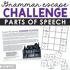 Parts of Speech Grammar Activity Escape Room Challenge, Presentation, and Quiz