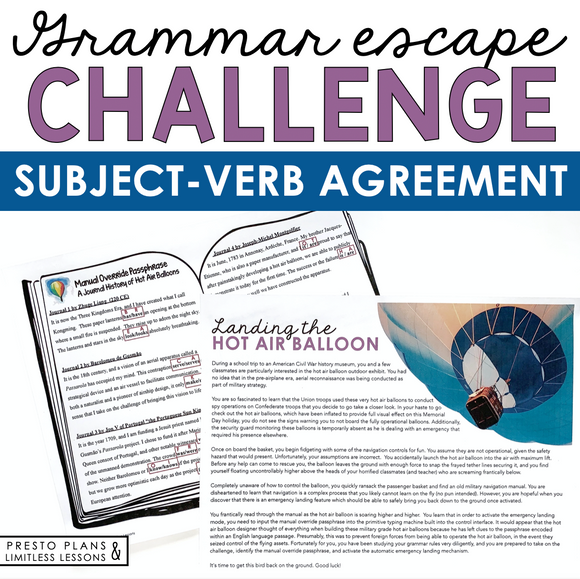 SUBJECT VERB AGREEMENT GRAMMAR ACTIVITY INTERACTIVE ESCAPE CHALLENGE