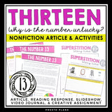 Nonfiction Reading Comprehension Article and Activities - The Number 13