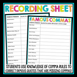 COMMAS ACTIVITY: QUOTES TASK CARDS