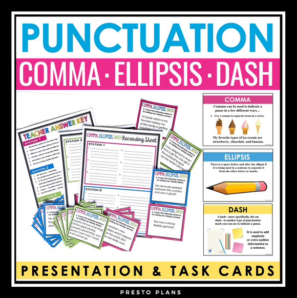 Comma, Ellipsis, & Dash Punctuation Lesson - Grammar Presentation & Assignments